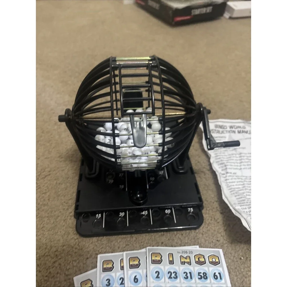 Black Metal Bingo Ball Roller Tumbler Hopper w 1/2-inch Numbered Balls 5x4” Cage
